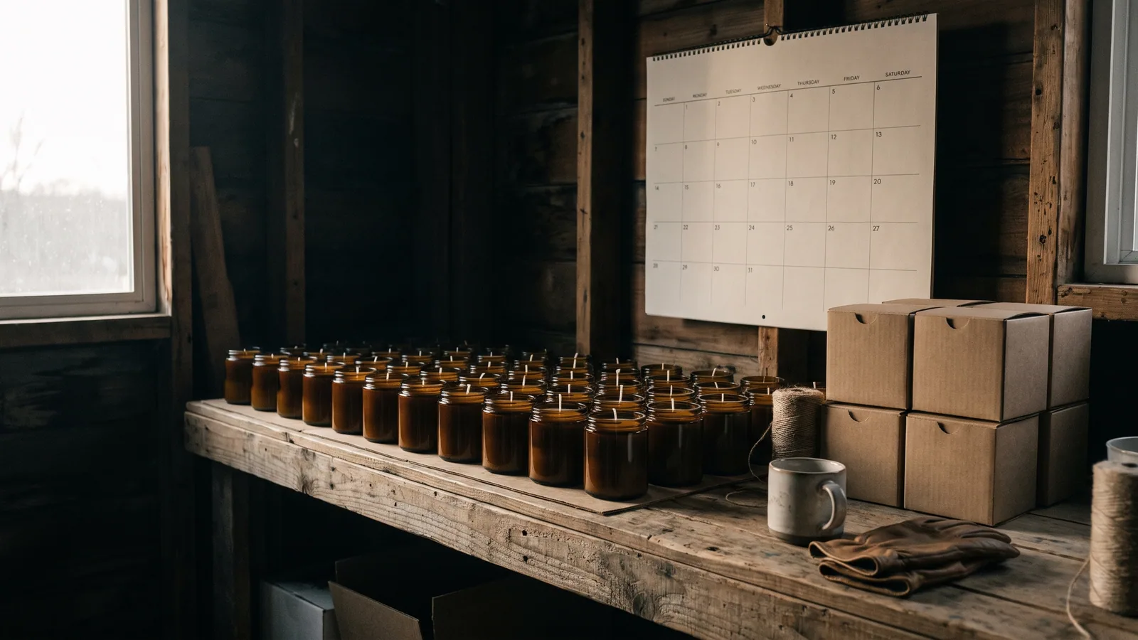 A quiet candle workshop in morning light with rows of finished jar candles and kraft shipping boxes on a wooden bench