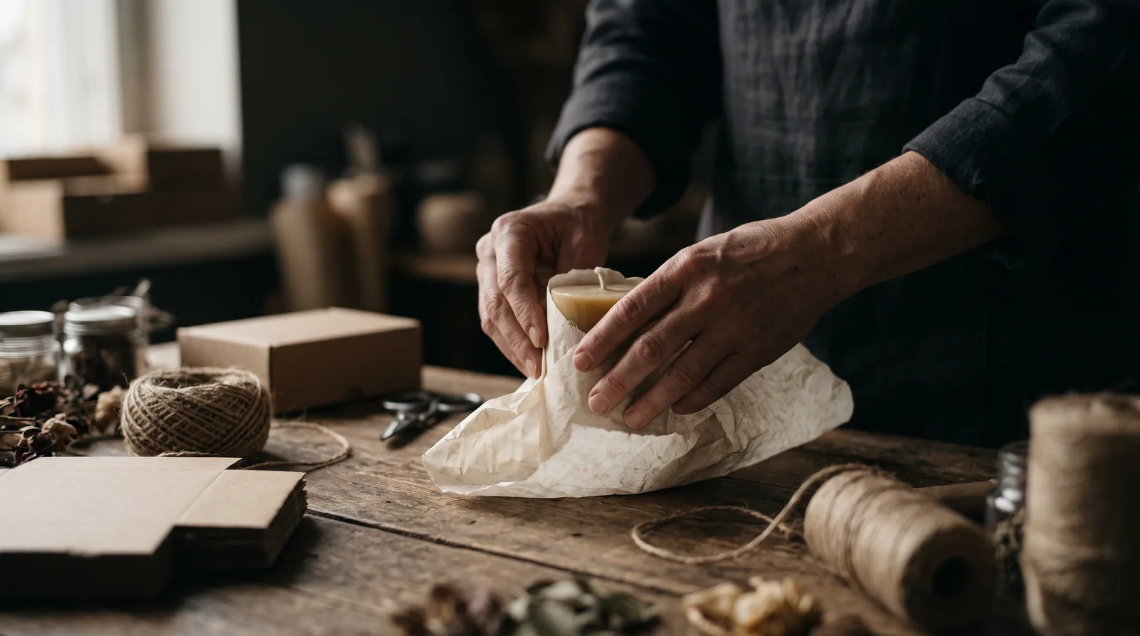 A shop owner's hands wrapping a jar candle in tissue paper at a packing table with twine and kraft boxes