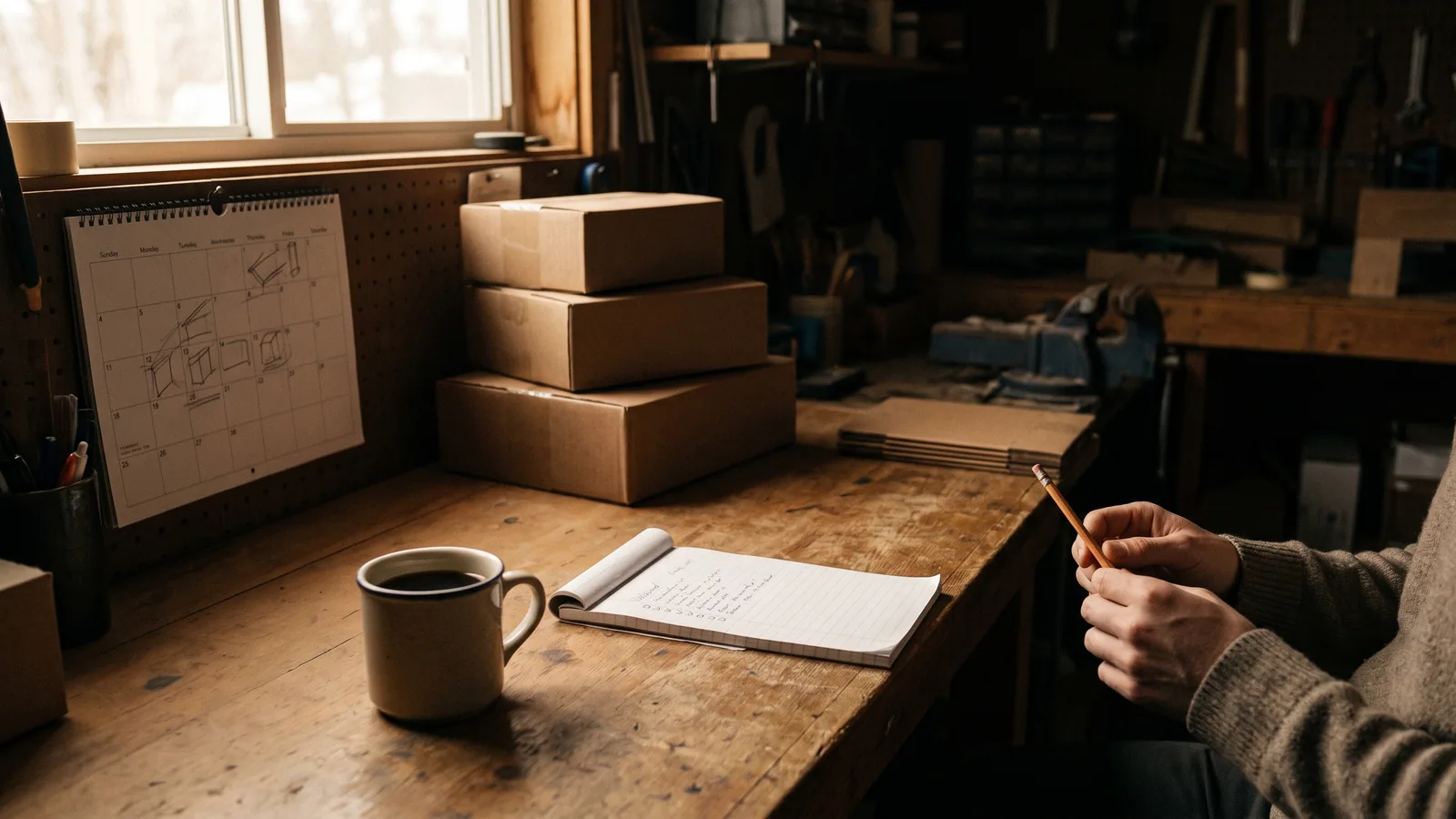 A small workshop desk in morning light with a pencilled weekly calendar, a coffee mug, a checklist notepad and a stack of shipping boxes