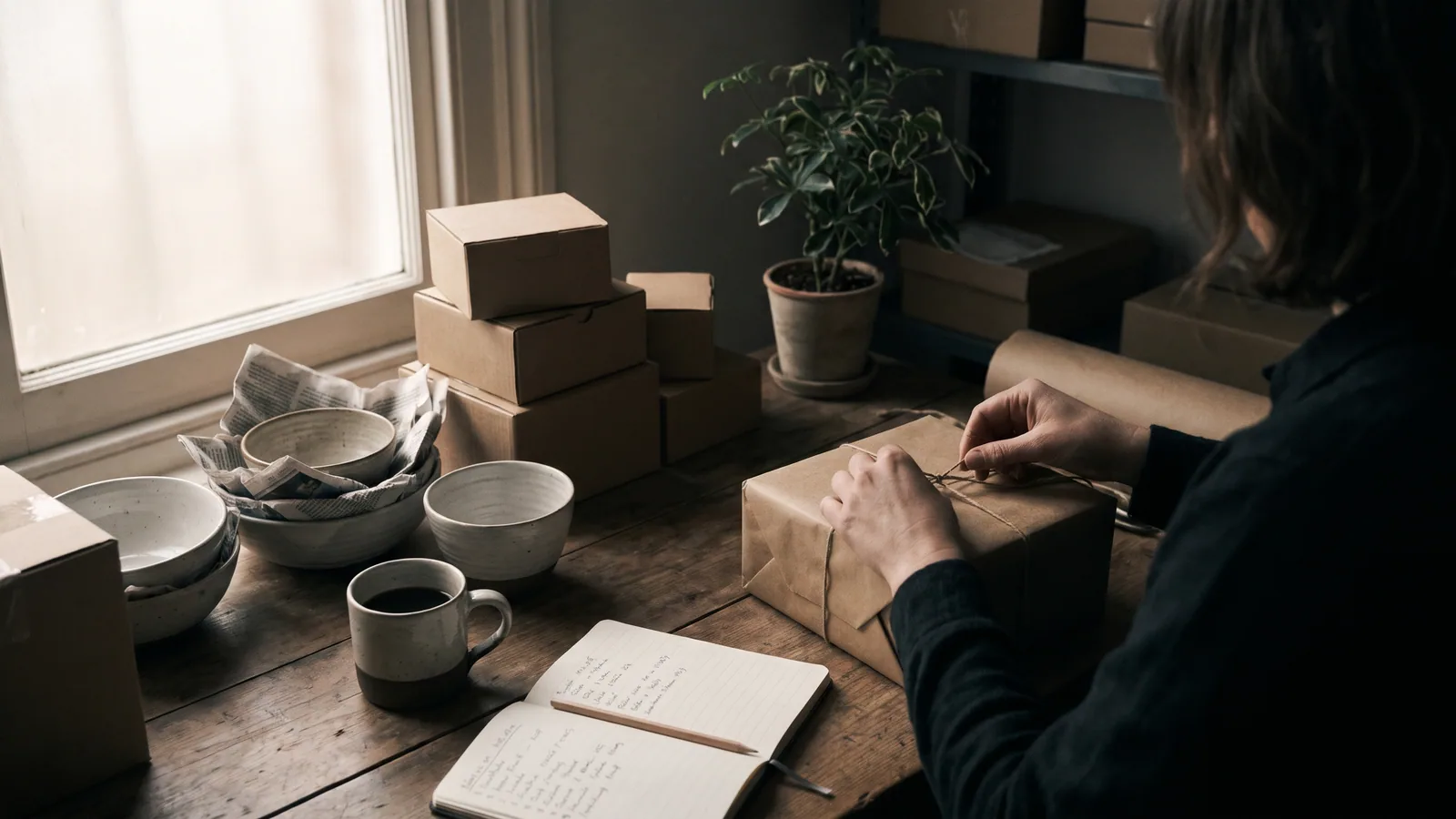 A small homeware shop's back room in morning light with a notebook of to-do lists, a mug of tea, kraft shipping boxes and wrapped ceramic bowls on a wooden worktable