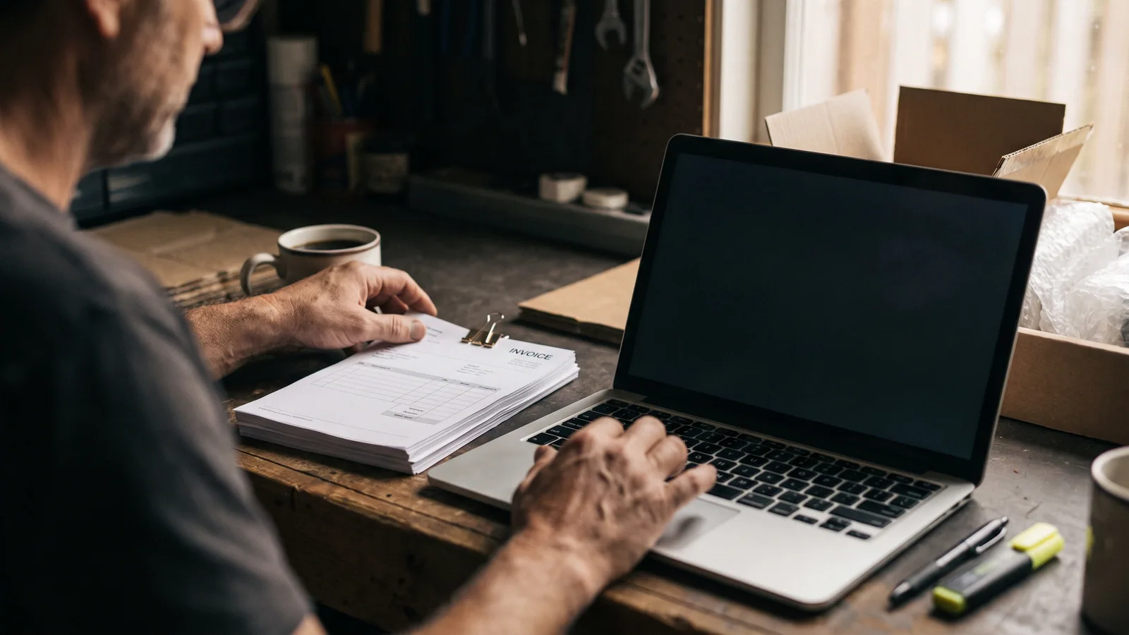 An owner at a workshop desk with a paperclipped stack of printed invoices beside a laptop with a blank screen, a coffee cup, a pen and a highlighter