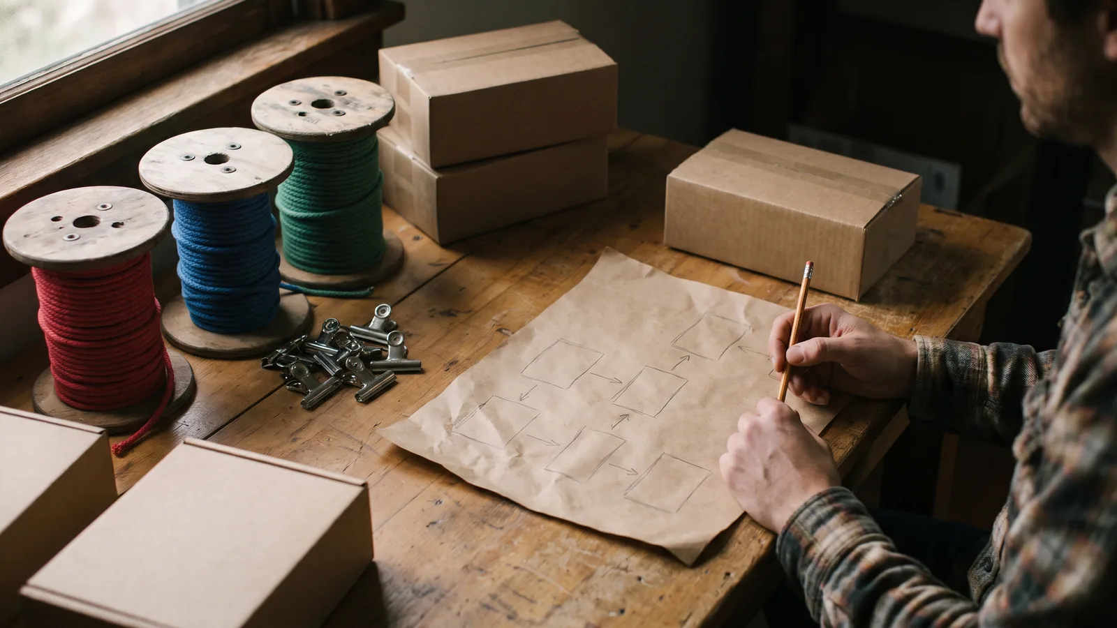 A shop owner pencils a flow chart of empty boxes and arrows on kraft paper beside red, blue and green cord spools, metal clips and shipping boxes