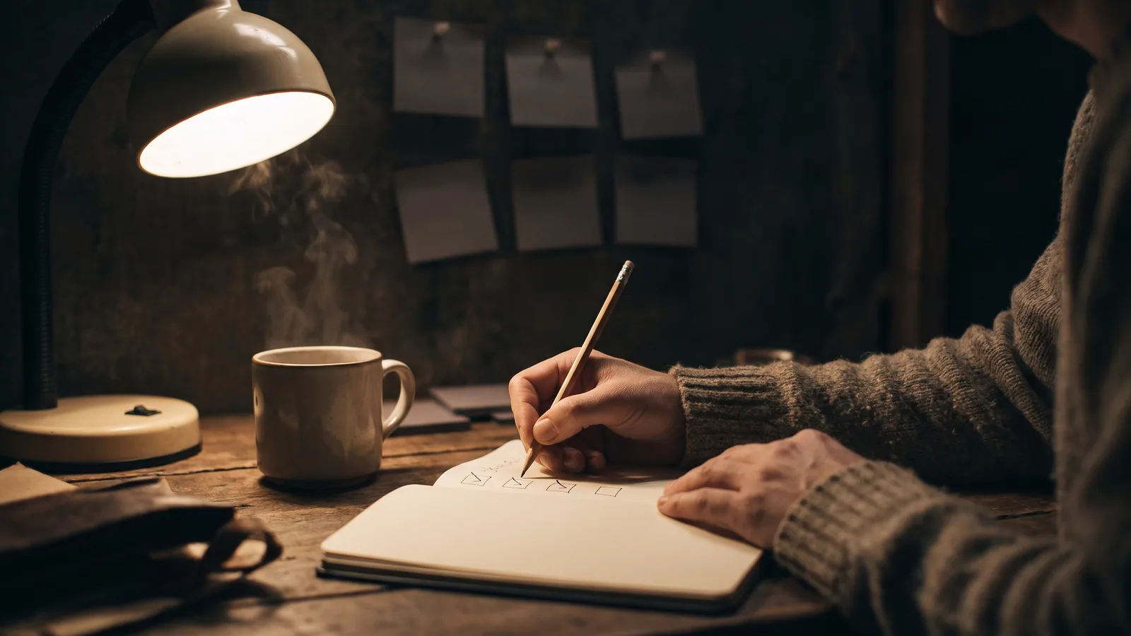 A founder ticking boxes on a launch checklist in a notebook at a kitchen table late at night