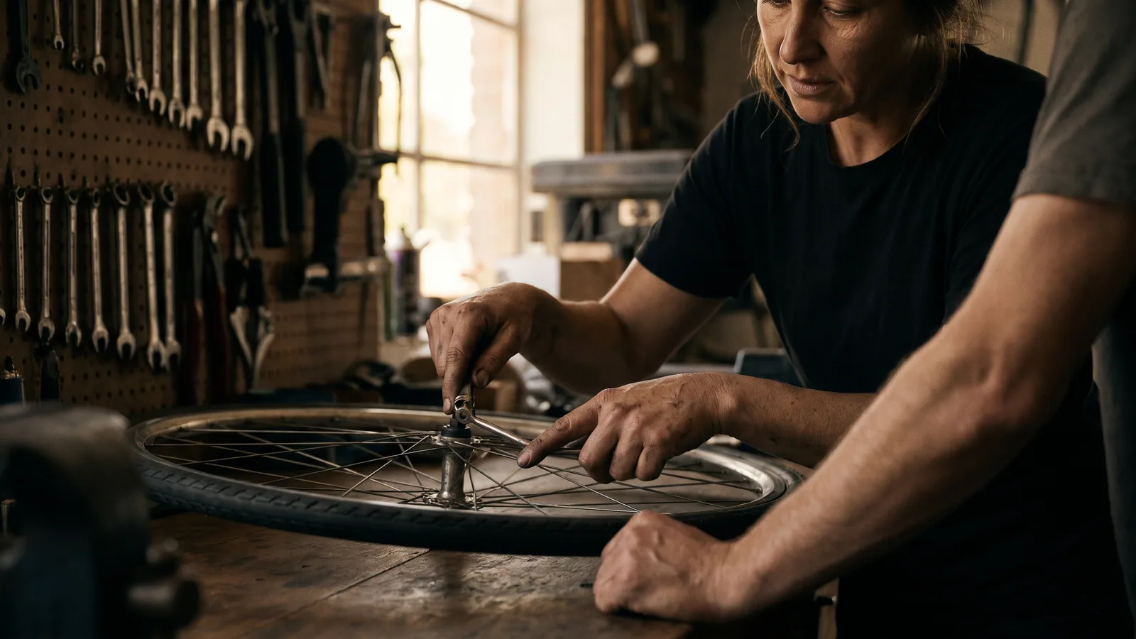 A bike shop owner explaining a wheel repair to a customer at her workbench in warm afternoon light