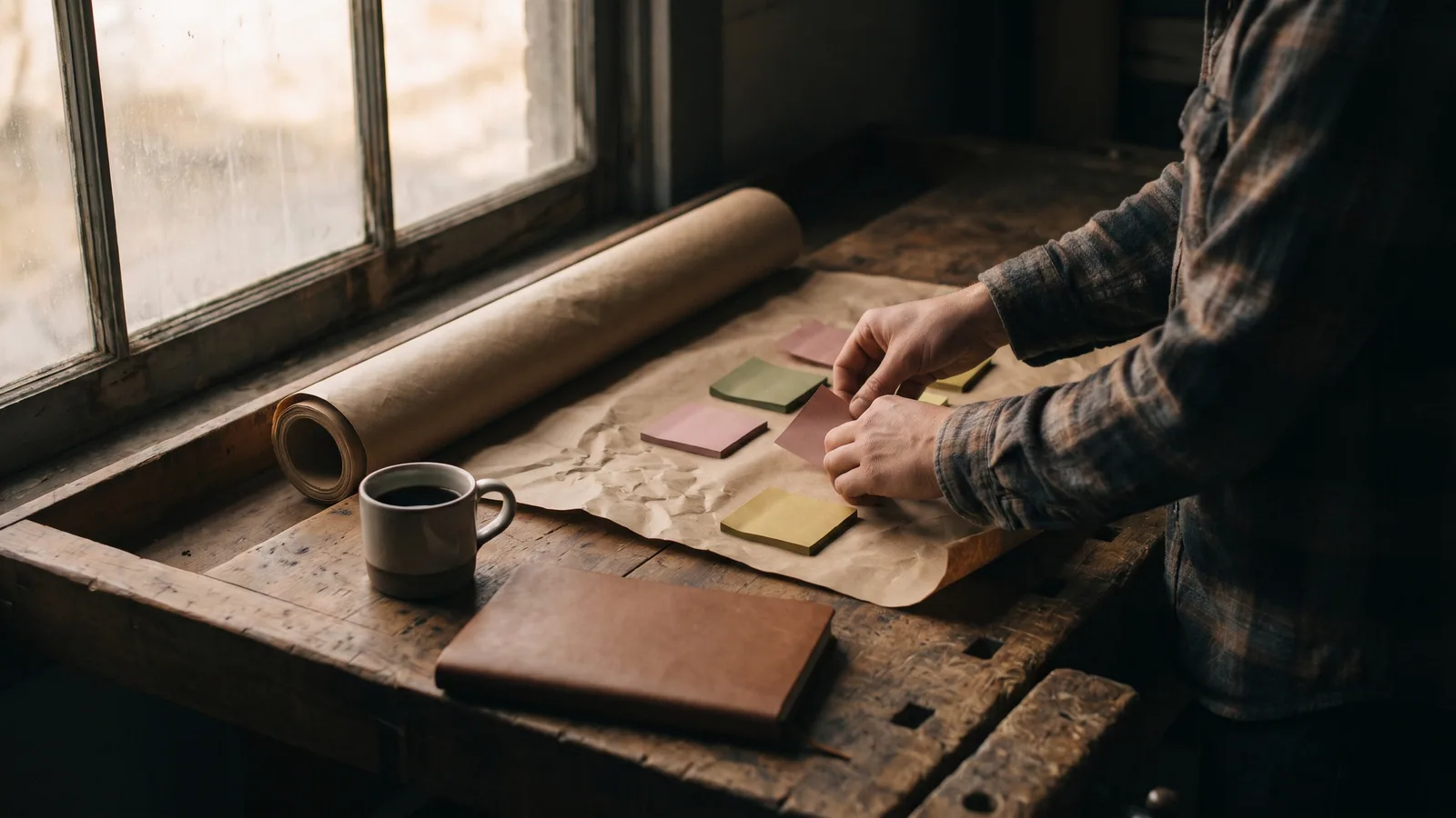 A founder planning a product launch with rows of sticky notes on kraft paper at a kitchen table