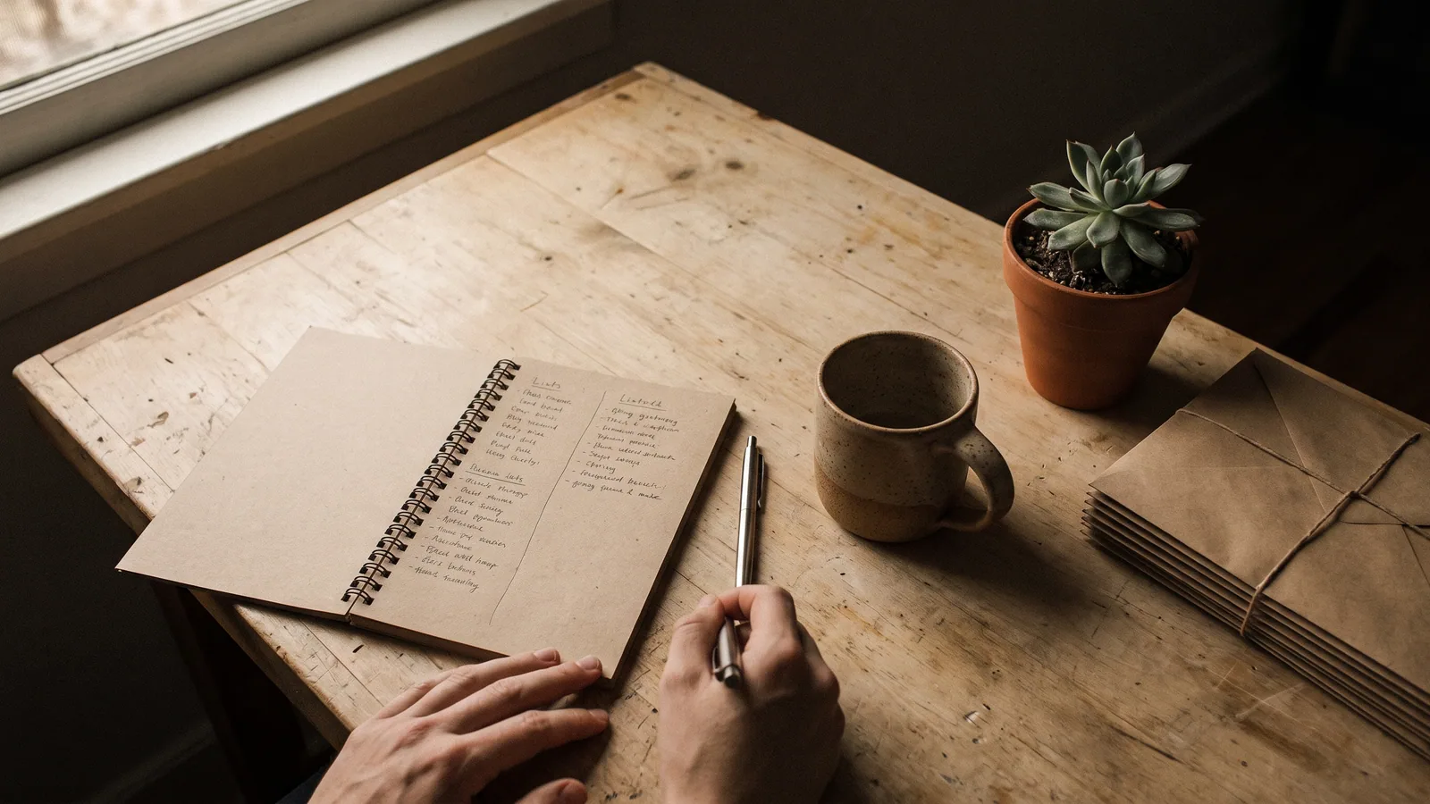 Overhead view of a desk in morning light with a notebook task list split into two columns, a pen, a coffee mug, a plant and envelopes
