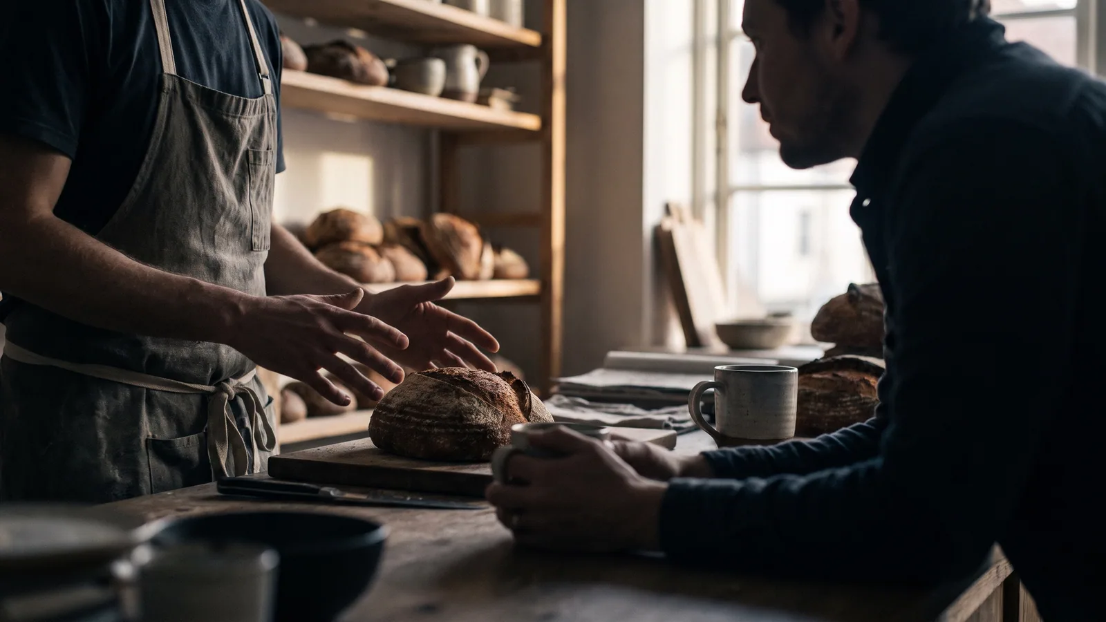 A bakery owner chatting with a regular customer across a counter of sourdough loaves in early morning light